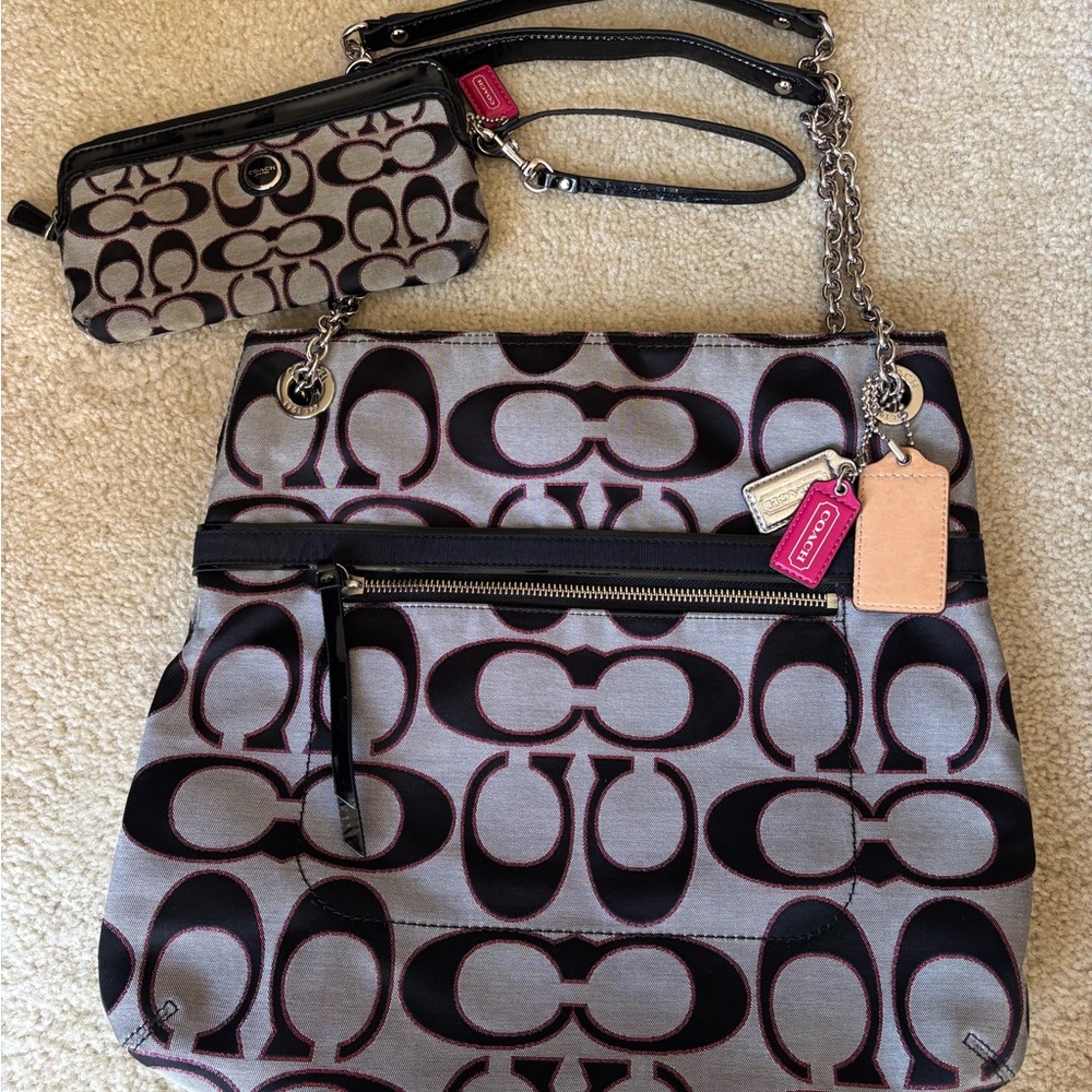 Coach Gray and Black Signature Canvas Poppy Bag with Pink & Tan Tags